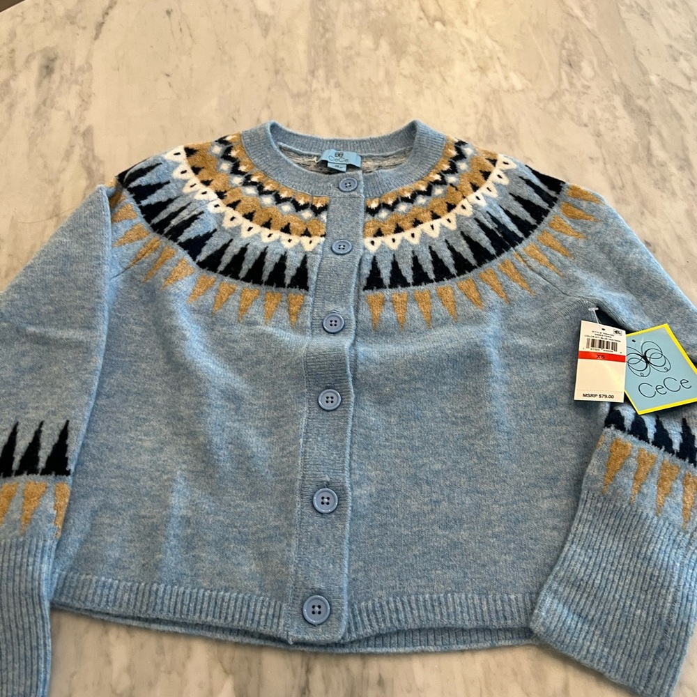 CeCe Women's Blue Cardigan with Gold and Black Accents